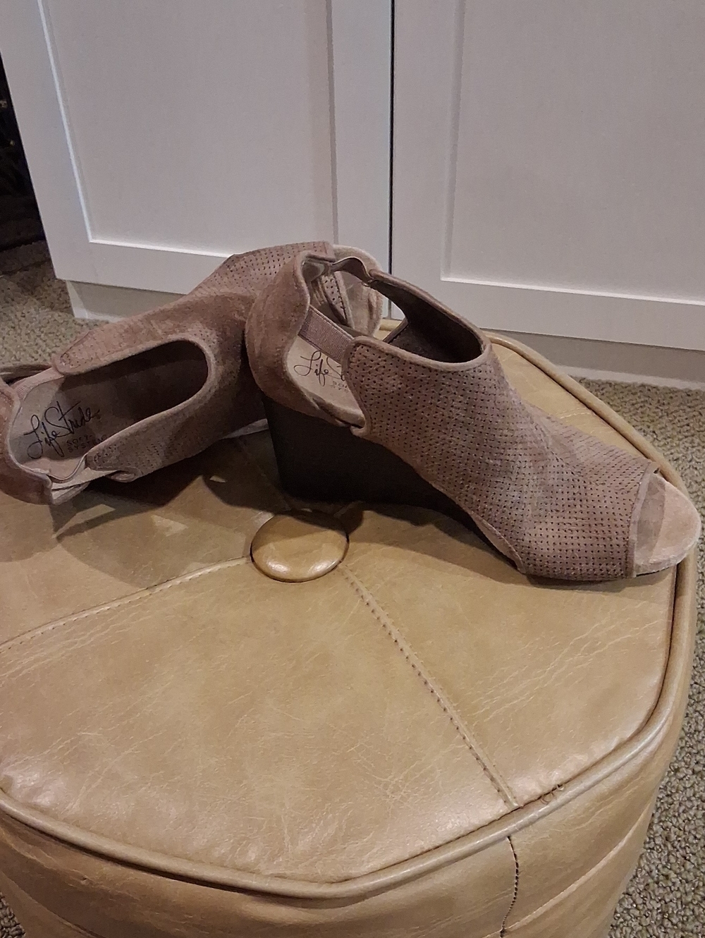 Life Stride Taupe Perforated Suede Peep-Toe Wedge Booties